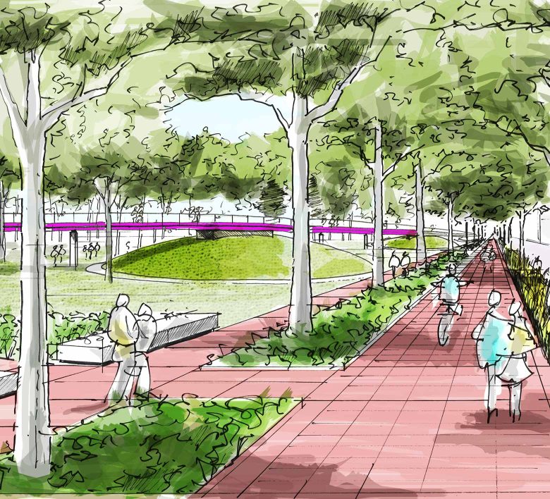 sketch of 5280 trail with people, landscape architecture, and land bridge
