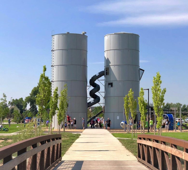view of rehabbed silos and bridge at twin silo park