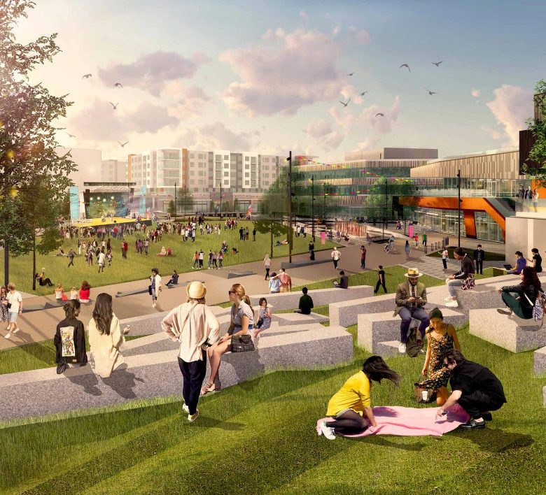 rendering of people enjoying central park at calgary university, walking and riding bikes