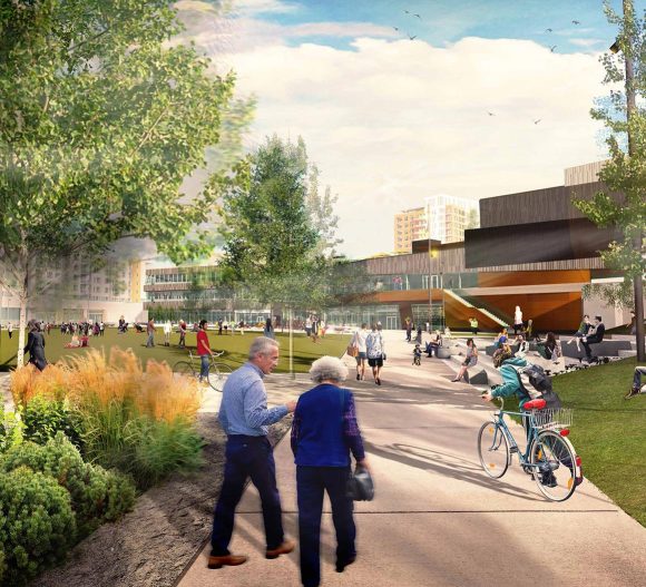 rendering of people enjoying central park at calgary university, walking and riding bikes