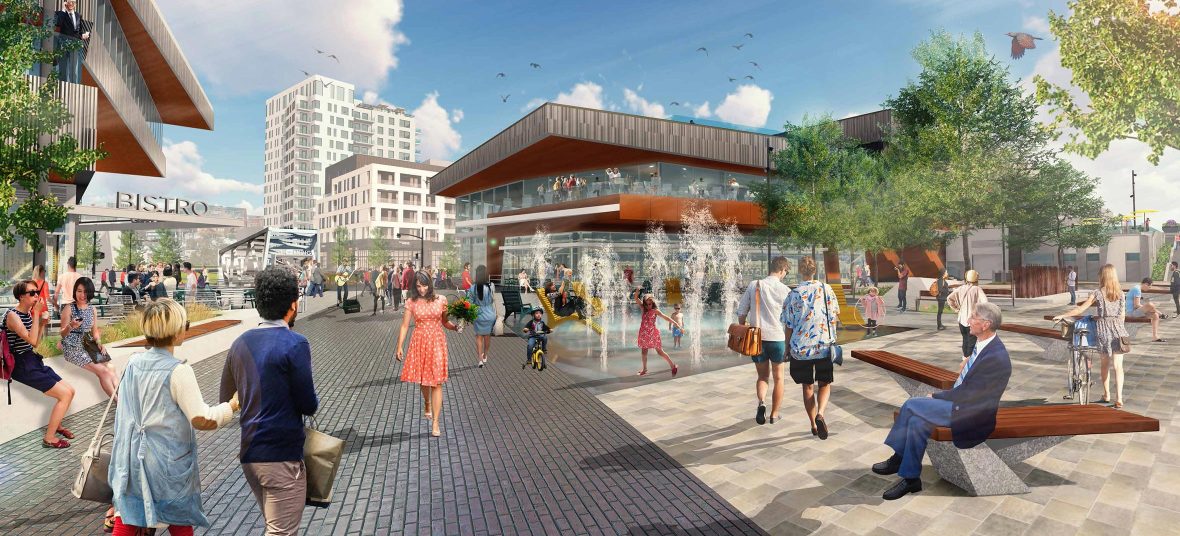 rendering of people enjoying central park at calgary university, walking and riding bikes