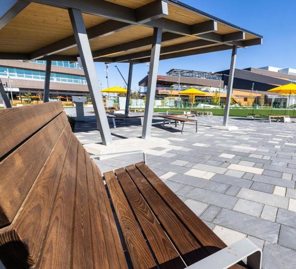 bench and awning at central park at calgary university