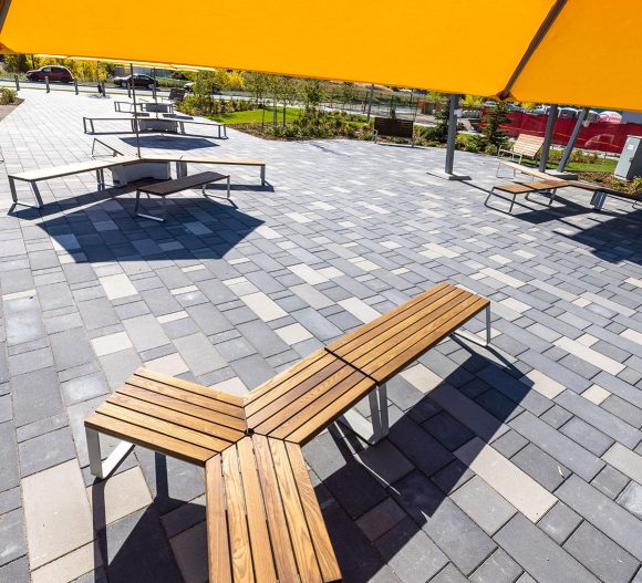 bench and awning at central park at calgary university